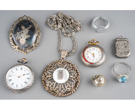 A continental silver ladies fob watch, the 33mm case stamped 'Omega', approx 29g gross; a Swiss silver and enamel ladies fob 