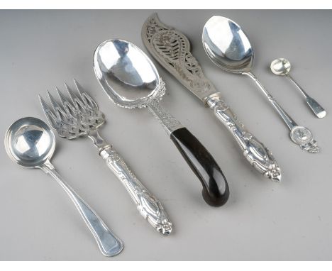 A collection of silver flatware to include: 1. an American early 20th Century large serving spoon, the terminal with Classica