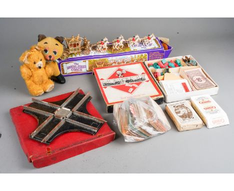 Assorted toys and games to include various vintage playing cards, boxed Airfix BR Tank Wagon; boxed Royal Series Halma; two T