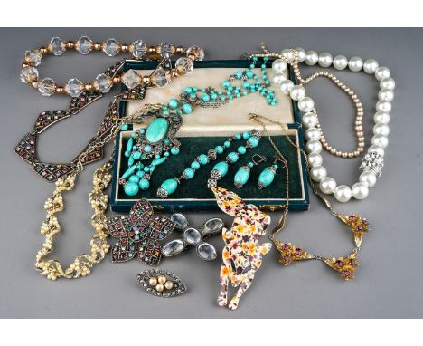 Costume Jewellery, including a Lea Stein fox brooch, stamped to pin 'Lea Stein Paris'; a 1920's suite of turquoise glass and 