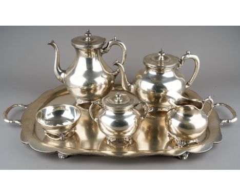 A 20th Century Mexican 925 Sterling silver six piece silver tea service to include: two handled tray, teapot, coffee pot, mil