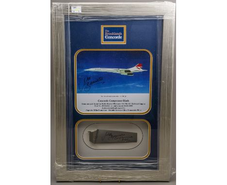 Concorde interest. Jet engine compressor blade and photograph of Concorde G-BBDG signed by Captain Mike Bannister - British A