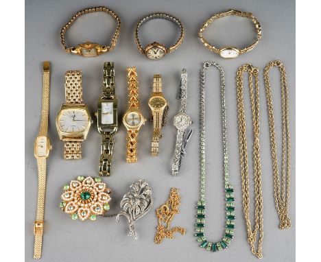 Costume jewellery including marcasite-set Rotary watch; marcasite brooch; paste-set necklace and brooch; gold-plated chains; 