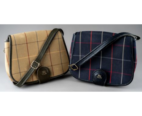 Burberry bags - two canvas saddle bags, both of the same design, to include a beige checked canvas example with green leather