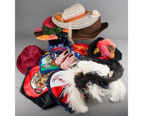 Assorted collection of loose Ostrich black and white feathers, various hats, trimmings, mother-of-pearl buttons, hairnets etc