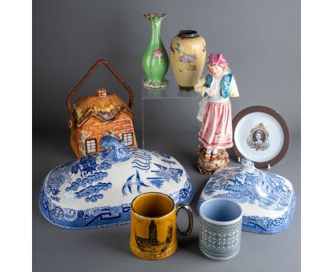 Assorted ceramics to include various blue and white Spode style transfer printed tureen covers; Continental parian vases and 