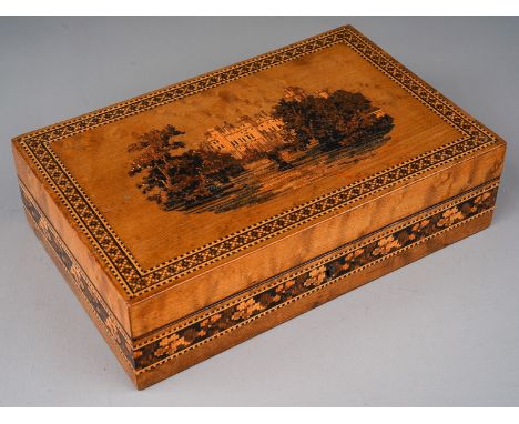 Tunbridge ware castle top jewellery box, interior velvet lined for rings and jewellery. The top decorated with a scene of War