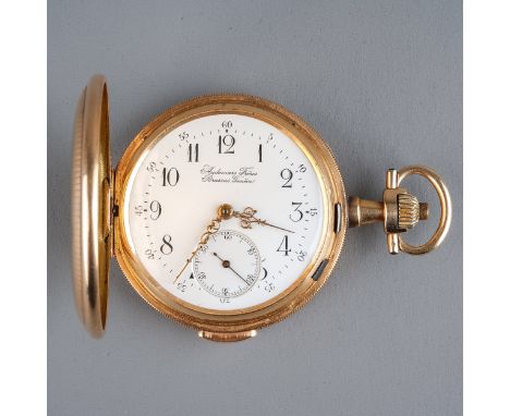 A 14k yellow gold Audemars Frères full hunter repeater pocket watch, 42mm white enamel dial with Arabic numerals, subsidiary 