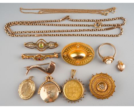 A group of gold jewellery, including 9ct gold lockets, Victorian brooch, Edwardian peridot and seed pearl bar brooch, a ruby 