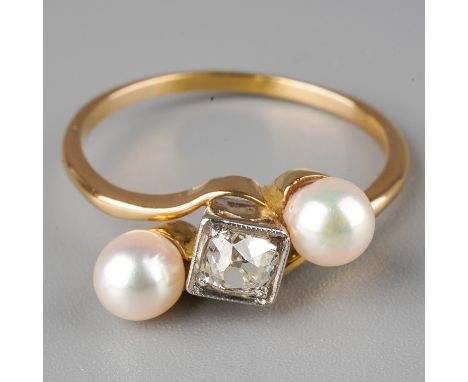 A yellow gold diamond and pearl three-stone ring, set with an old-cut diamond in a square mount, flanked by two pearls, size 