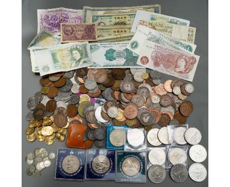 Two boxes of assorted coins to include British and Continental coins and bank notes, some pre 1947 half silver coins and 1970