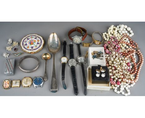 A collection of costume jewellery, including a silver bangle, beads, necklaces, brooches, earrings, watches including Rotary,