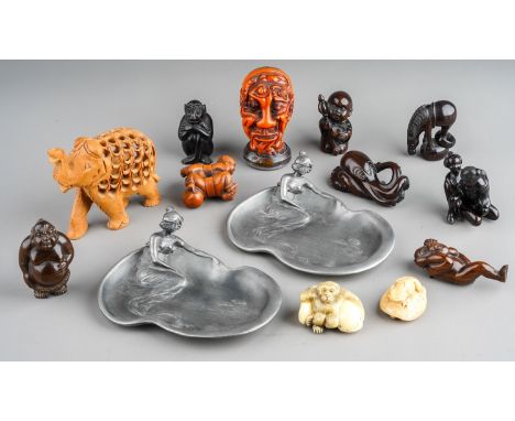 Collection of Japanese netsuke etc. to include some with signed panels, carved tagua nut of a frog on a tortoise, boxwood ite