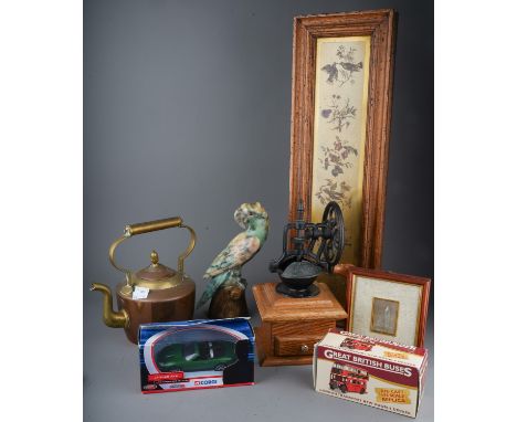 Three boxes of assorted copper and treen to include: pans, kettle, trays, , Wooden puppet, smokers cabinet, butterfly tray, 2