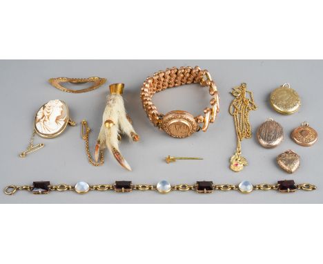 A collection of jewellery, including rolled gold lockets, a Victorian gold plated bracelet (af); a moonstone and paste bracel