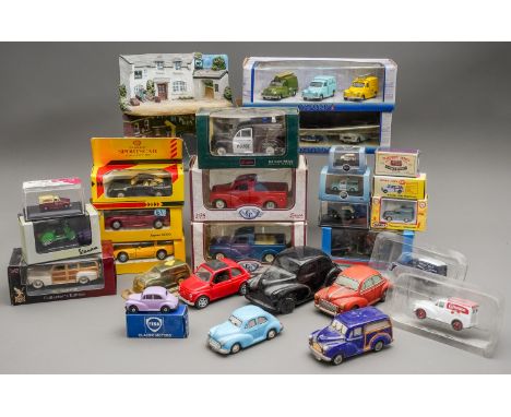 A large collection of classic and modern diecast vehicles with much Morris Minor interest. Includes ceramic salt / peppers an