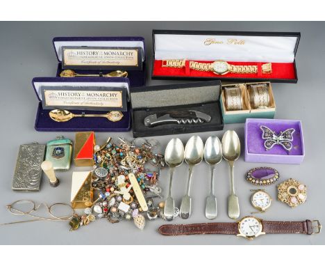 Costume jewellery, including earrings, brooches, rings, vesta, Rotary wristwatch, Gino Polli wristwatch, EPNS spoons, Commemo