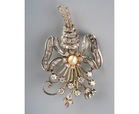 A white gold and diamond spray brooch, the bouquet of flowers tied with a pearl-set ribbon, set throughout with round brillia