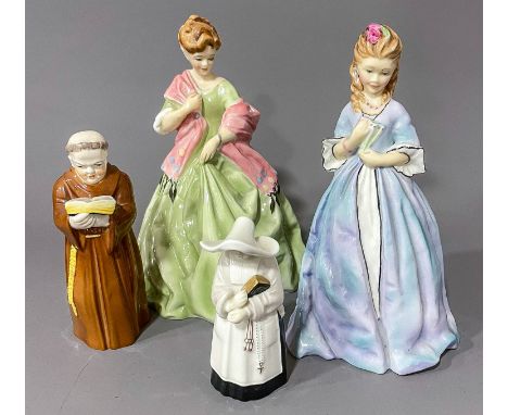 Royal Worcester figures First Dance 3629 and Sweet Anne 3630 together with 2 Royal Worcester candle snuffers (4) All in good 