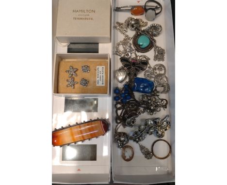 Vintage jewellery including Marcasite brooches and earrings, and silver items. 