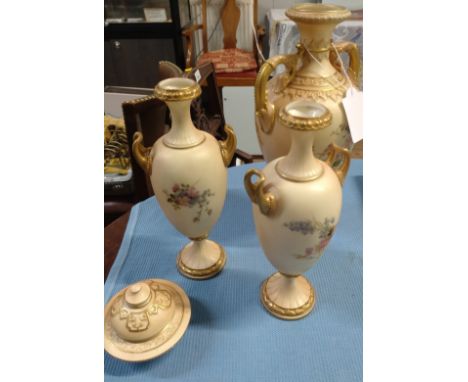 Royal Worcester ivory ground 998 vase 28cm, pair of 2049 vases 23cm, and a spare lid (4) 