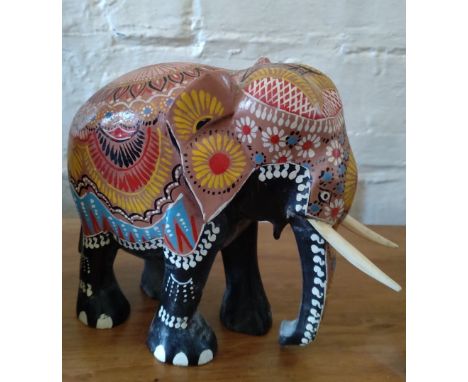A Vintage Painted Solid Carved Wood Elephant. Circa 1950. 16cm high. Provenance 80 Rose Street Wokingham. 