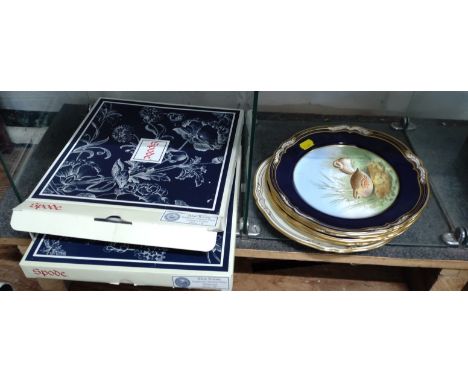 Spode collection of five cabinet plates of game birds and two with boxes blue room series milkmaids Aesops fables. 