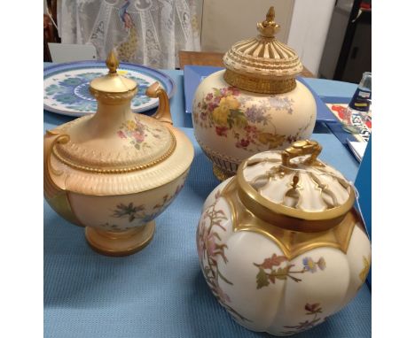 A Royal Worcester 1313 jar and pierced cover 19cm, 1286 jar and pierced cover 26cm, and 2299 bowl and lid (lid with glue repa
