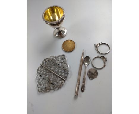 Silver colour metal buckle AF, egg cup, Morden pencil etc, Masonic medal grand master 