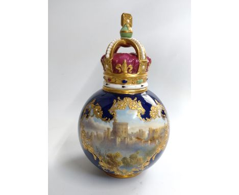 A Royal Worcester 2516 navy blue George V globular jar and crown lid painting of Windsor Castle 16cm 