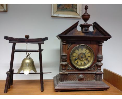 German mantel Clock, circa 1890. and bell on stand. 