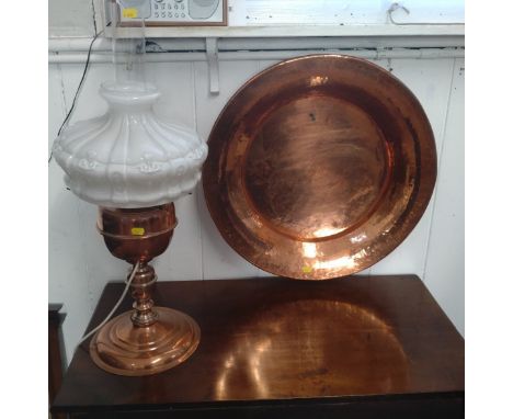A Vintage Copper Oil lamp and a Copper Charger. (2) 
