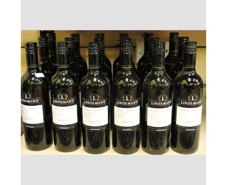 A shelf of eighteen bottles of Lindemans Shiraz Cabernet, vintage 2010