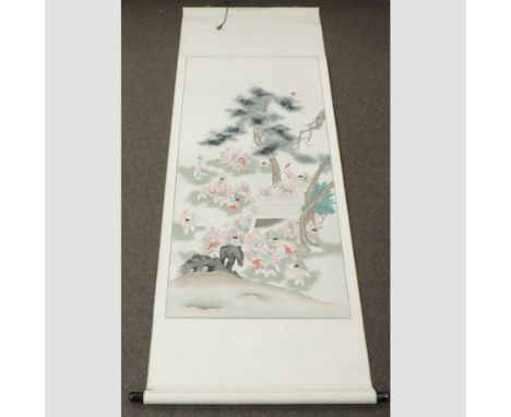 A hand painted Chinese scroll, 185 x 79cm overall, boxed