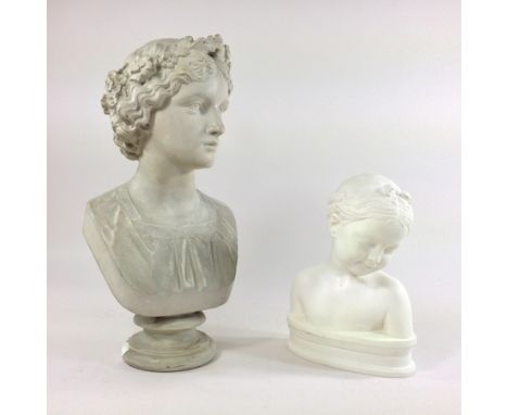 A classical plaster portrait bust, 39cm tall, together with another smaller 