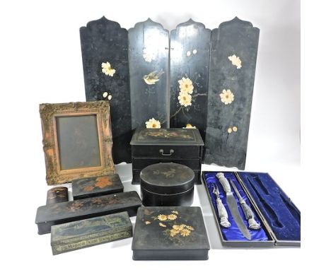 A collection of decorative boxes, together with a portrait of a gentleman, oil on canvas, and a carving set, cased