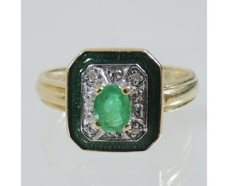 A 14 carat gold emerald, diamond and enamel dress ring 