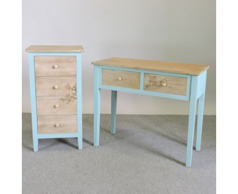 A pine and blue painted narrow chest, together with a matching console table, 90cm
