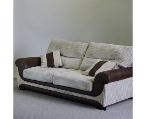 A brown and cream upholstered sofa, 205cm