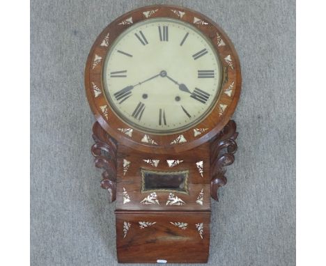 A Victorian rosewood and mother of pearl inlaid drop dial wall clock, 65cm tall