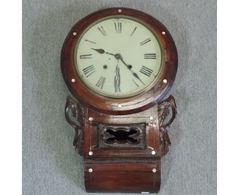 A Victorian rosewood cased drop dial wall clock, with a painted dial, 65cm tall
