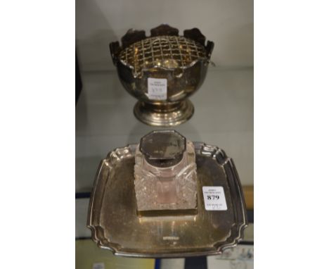 A silver and cut glass inkwell on stand together with a small silver rose bowl.