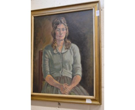 Portrait of a seated young lady wearing a blue cardigan, oil on board.