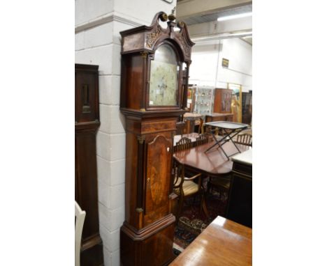 A good 19th century mahogany longcase clock with eight day movement, the arched dial painted with a scene of a huntsman, sign
