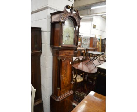 A good 19th century mahogany longcase clock with eight day movement, the arched dial painted with a scene of a huntsman, sign