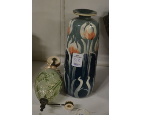 A Moorcroft Florian ware rise and fall ceiling light weight together with a Moorcroft style vase.