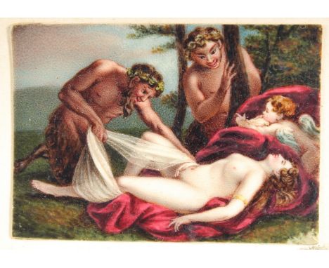 AN 18TH CENTURY IVORY PORTRAIT MINIATURE depicting an erotic scene of a supine female figure - possibly Aphrodite - in a wood