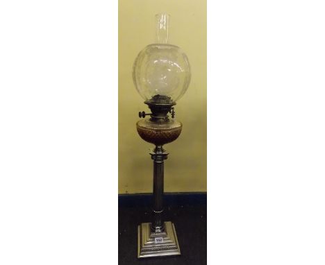 19TH CENTURY HINKS DUPLEX PATENT CORINTHIAN COLUMN OIL LAMP WITH A HOBNAIL GLASS RESERVOIR AND CLEAR ETCHED SHADE