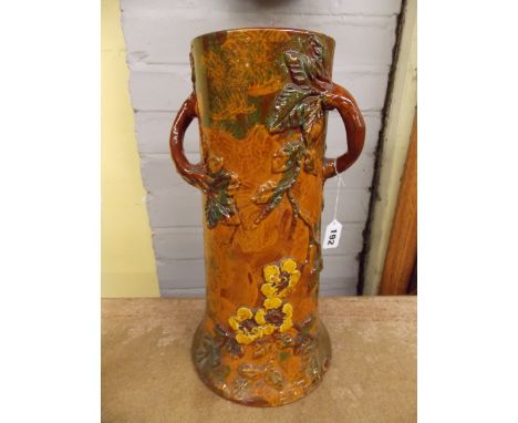 LONGWAY POTTERY TWIN BRANCH HANDLED CYLINDRICAL VASE MOULDED AS TREE TRUNK