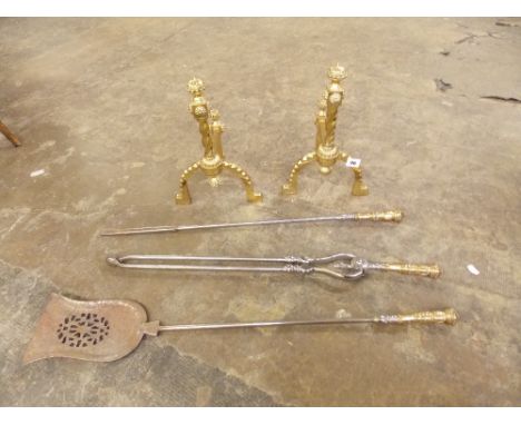 19TH CENTURY GOTHIC REVIVAL PAIR OF ANDIRONS AND POLISHED STEEL FIRE TOOLS 33CM H